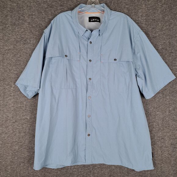 Orvis Shirt Men XXL Blue Button Down Short Sleeve Vented Fishing Hiking Tech - Picture 2 of 15